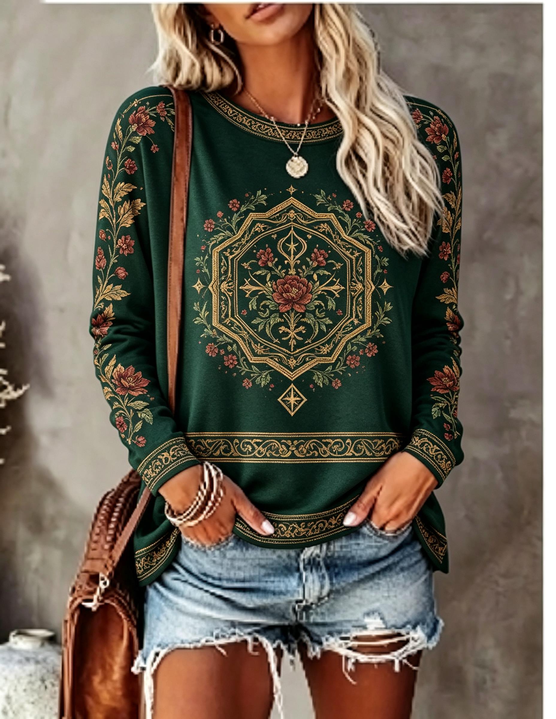 Women Crew Neck Long Sleeve T‑ - огляд і ціна Ethnic Fashion Women