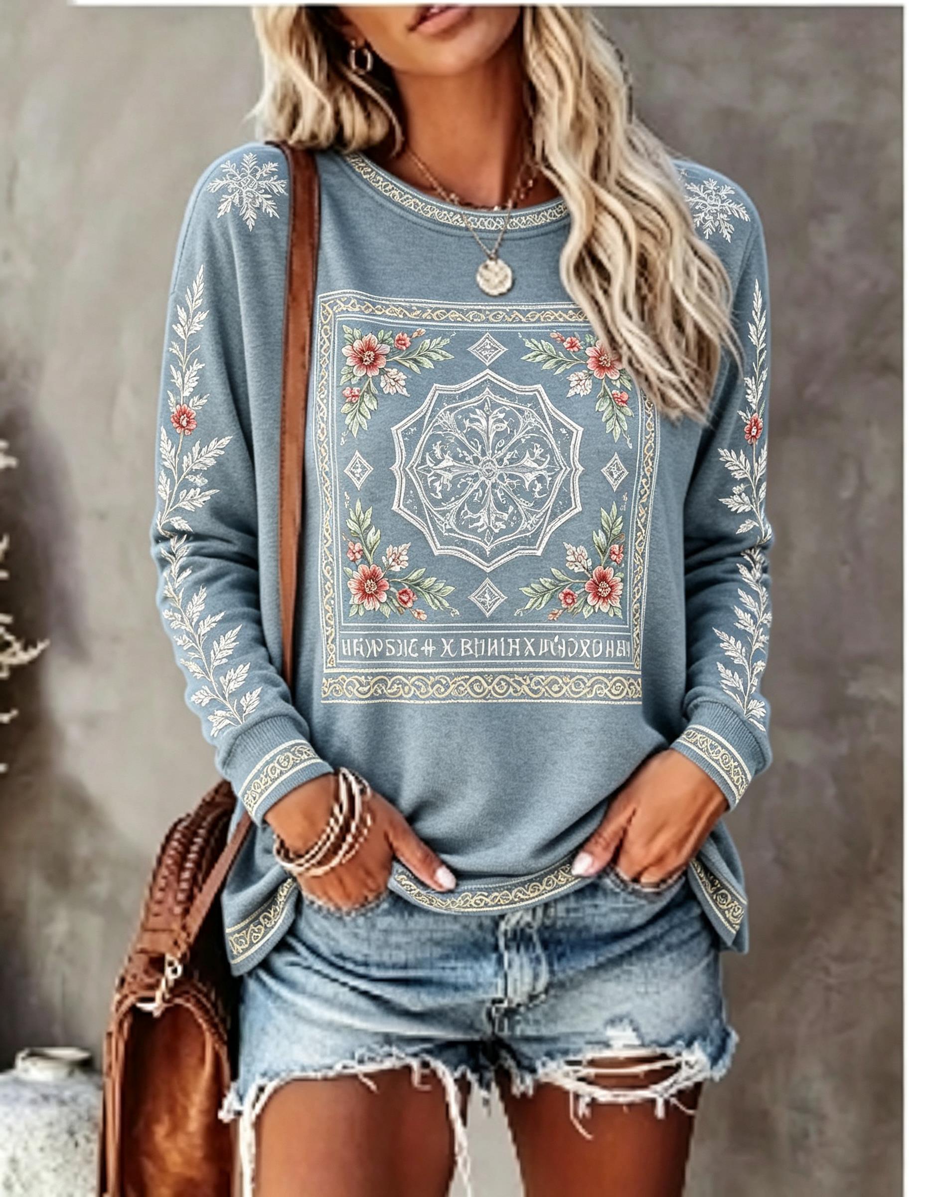 Women Crew Neck Long Sleeve T‑ - огляд і ціна Ethnic Fashion Women