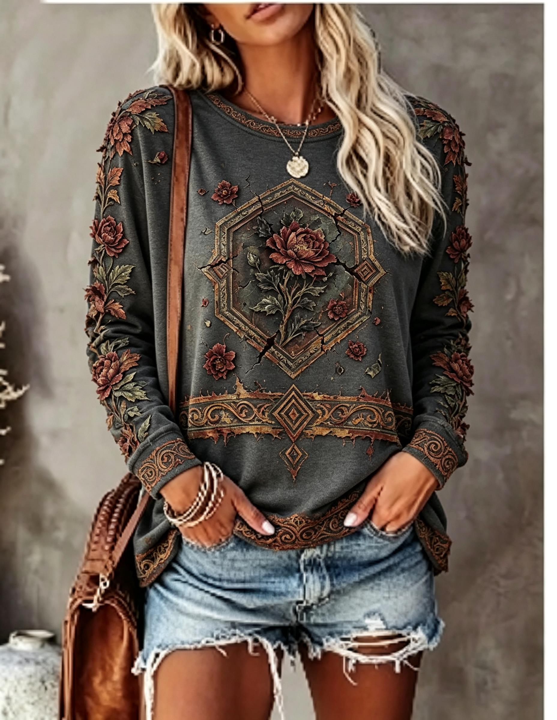 Women Crew Neck Long Sleeve T‑ - огляд і ціна Ethnic Fashion Women